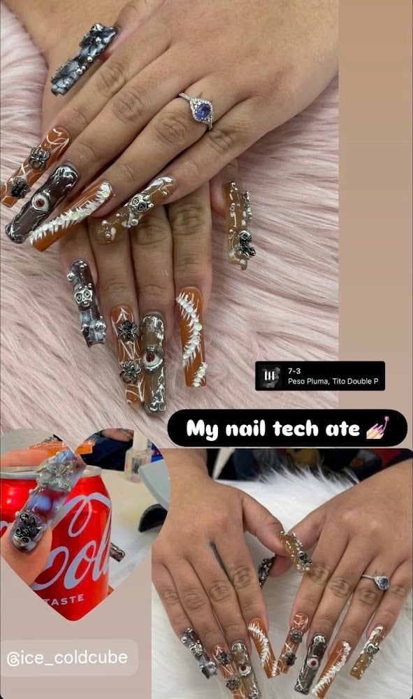 Luxury nail art collage showing long acrylic nails with diamond and metallic designs in gold, silver, and bronze tones